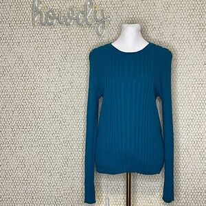 Liz Claiborne Teal Cotton Blend Crew Neck Long Sleeve Ribbed Sweater Size Large